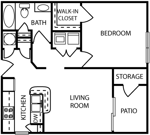 Floor plan for 1 bed, 1 bath, 700 sqft